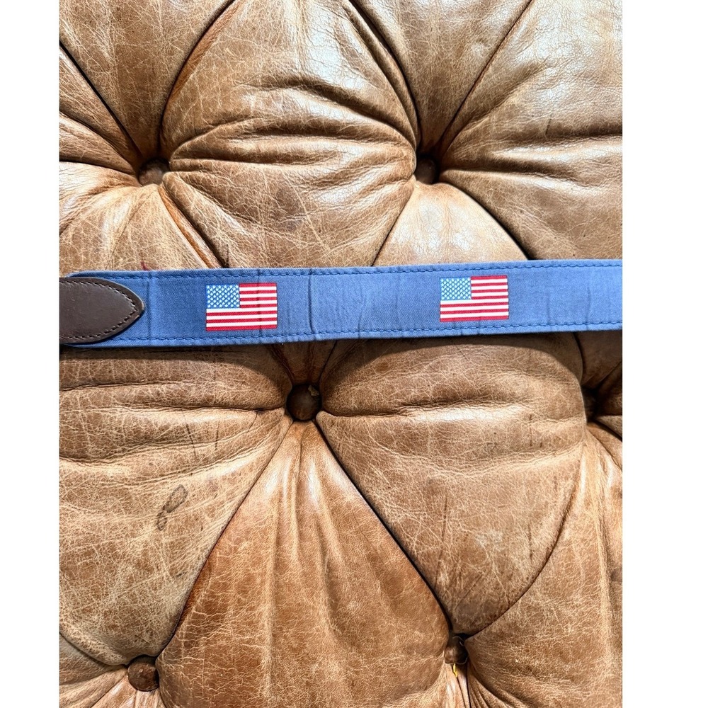 Vineyard Vines Mens Blue American Flag Canvas Leather Club Belt Brass Buckle
